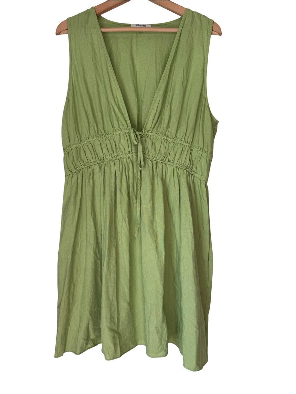 Madewell Sophia Deep-V Mini Dress Size XL Green Linen Blend Pockets Fit & Flare